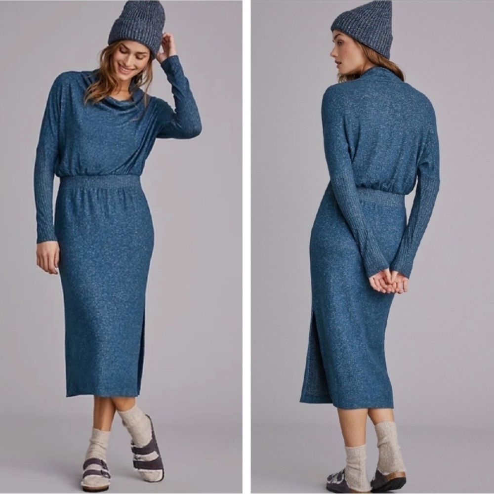 Daily Practice by Anthropologie Blue Heathered Cowl Neck Midi Knit Dress Large